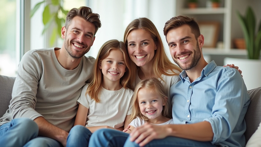 Familie sitzt zufrieden in ihrem neuen Haus, Wohnzimmer mit Fenster und Tageslicht