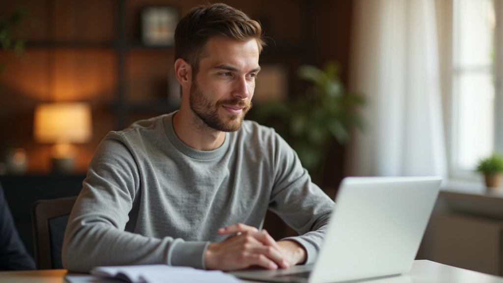 Mann in entspannter Pose mit Laptop bei der Online-Recherche zu Bausparkassen