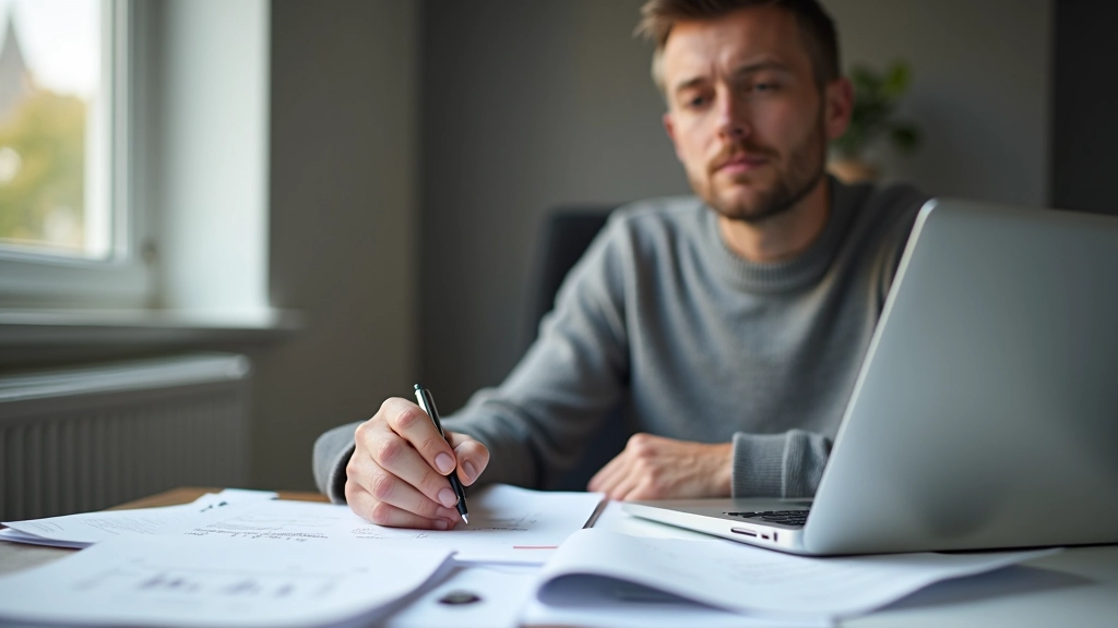 Person mit Stift in der Hand, Finanzplan auf dem Schreibtisch, Laptop und Unterlagen zur Hausfinanzierung