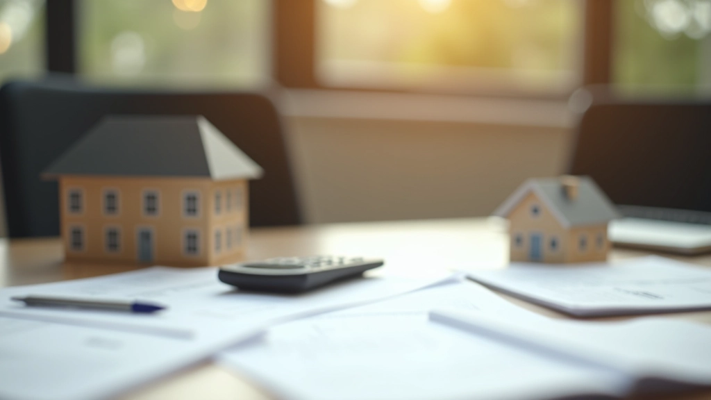 Professioneller Arbeitsplatz mit Finanzunterlagen und Immobilienmodell