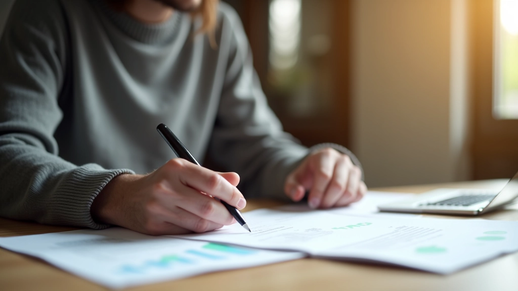 Person schreibt Sparplan auf, Sparbuch und Finanzunterlagen auf dem Tisch, warmes Licht