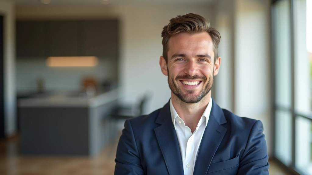 Immobilienmakler zeigt Familie neue Wohnung, beide lächeln, helles modernes Zimmer