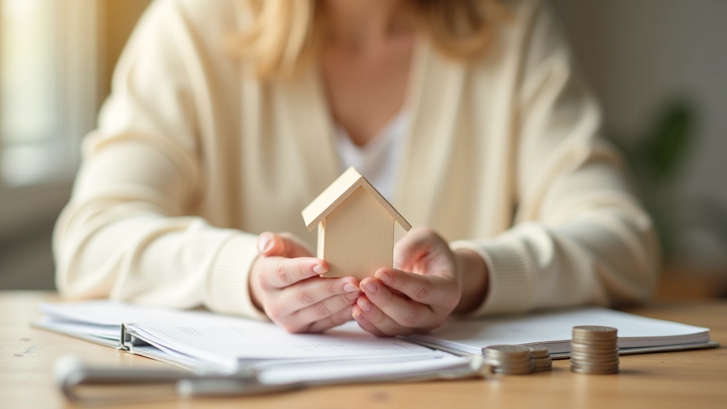 Hände halten ein Modellhaus neben Geldmünzen und Sparbuch