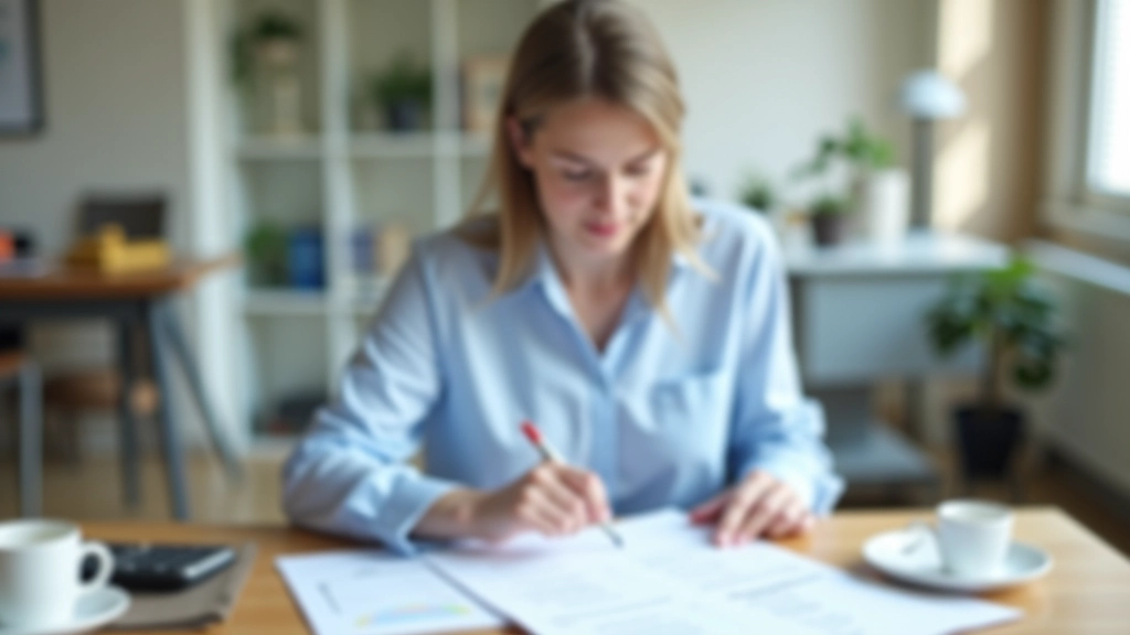 Schreibtisch mit Taschenrechner, Dokumenten zur Hausfinanzierung und Tasse Kaffee